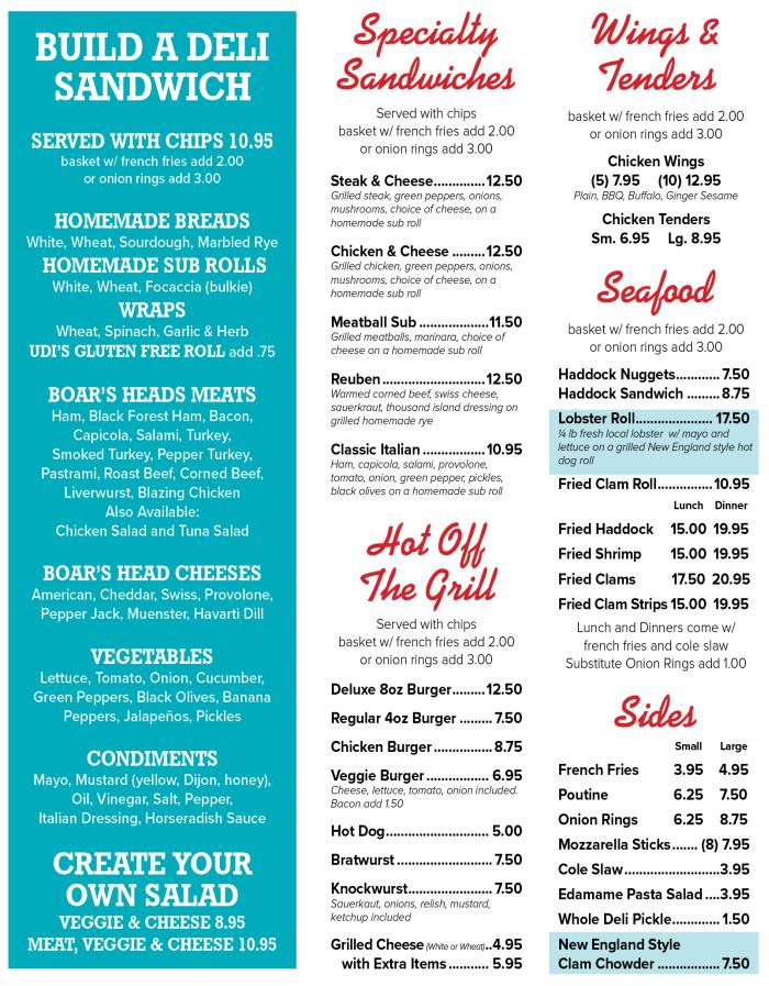 Page 1 of menu, Adelmann's Deli & Grill Bar Harbor, ME